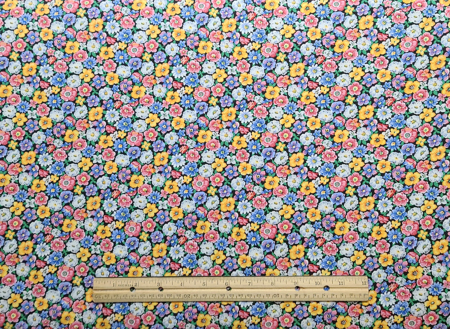 1997 Classic Cottons - Black Fabric / Pink, Blue, White, Yellow Flower Print