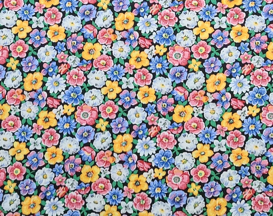 1997 Classic Cottons - Black Fabric / Pink, Blue, White, Yellow Flower Print