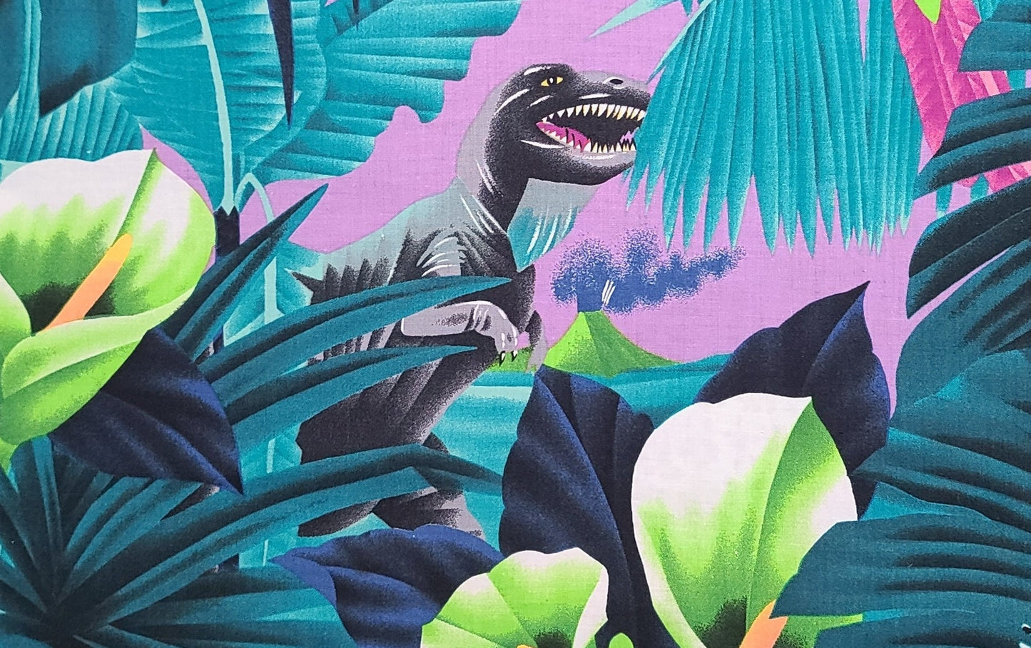 EOB - The Alexander Henry Collection - Purple, Green, Black, Gray Dinosaur, Parrot, Frog Jungle Print Fabric