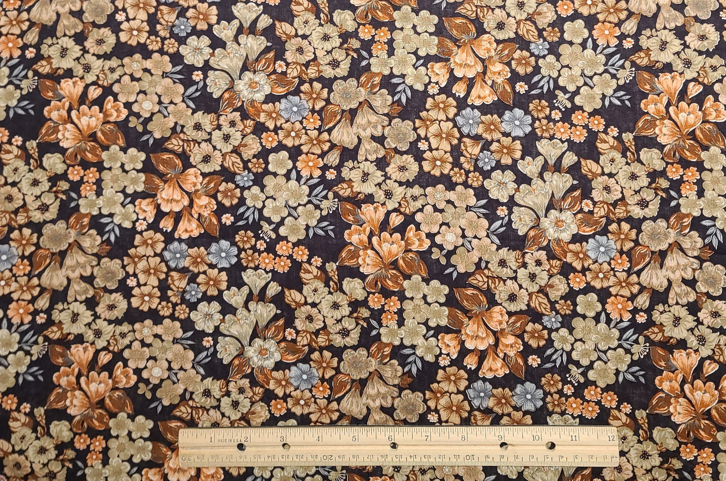 Manes Fabric Company - Vintage Blend Fabric - Dark Brown Fabric / Tan, Rust, Light Blue Flower Print