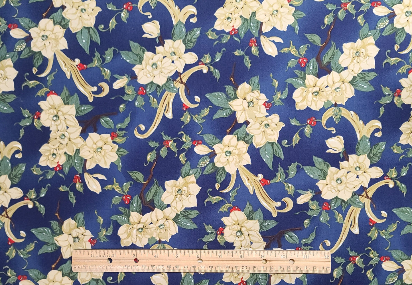 Beth Ann Bruske for David Textiles Inc - Navy Blue Tonal Fabric / White Poinsettia / Holly and Berry Print