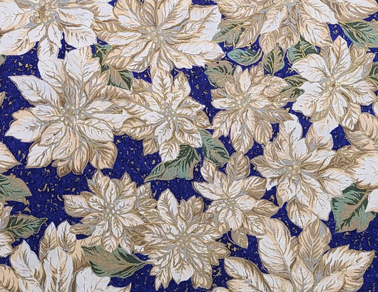 Beth Ann Bruske for David Textiles Inc - Royal Blue Fabric / White, Gray, Tan Poinsettia Print / Gold Metallic Accents