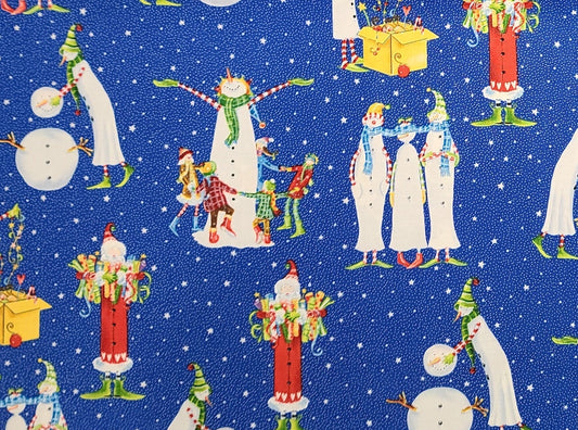 Christmas Magic by Kym Bowles for Marcus Brothers Textiles Inc - Blue Fabric, White Pin Dot, Star Background/Slender Santa and Snowmen Print