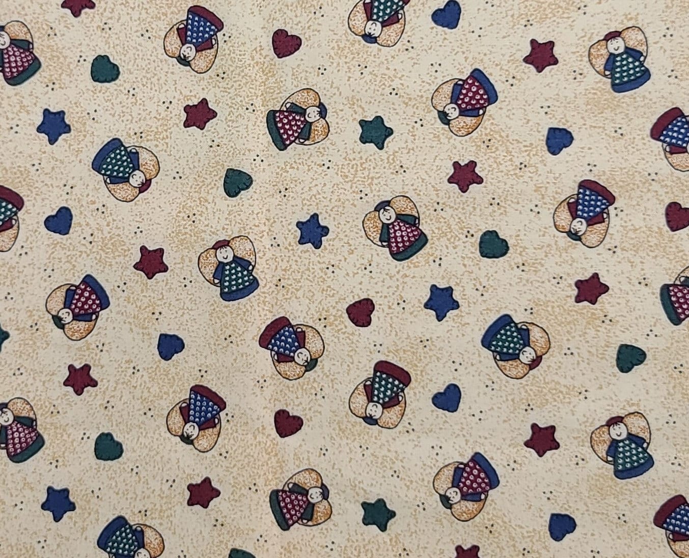 Little Quilts for Fabri-Quilt Inc - Pale Gold Fabric with Gold Splatter Background / Country Angel with Red, Blue, Green Hearts and Stars