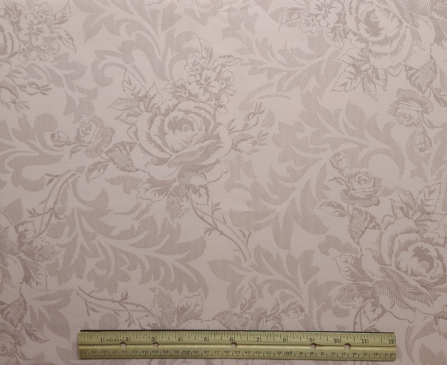 Light Pink Fabric / Dark Mauve Etched Rose and Leaf Print - Selvage to Selvage Print