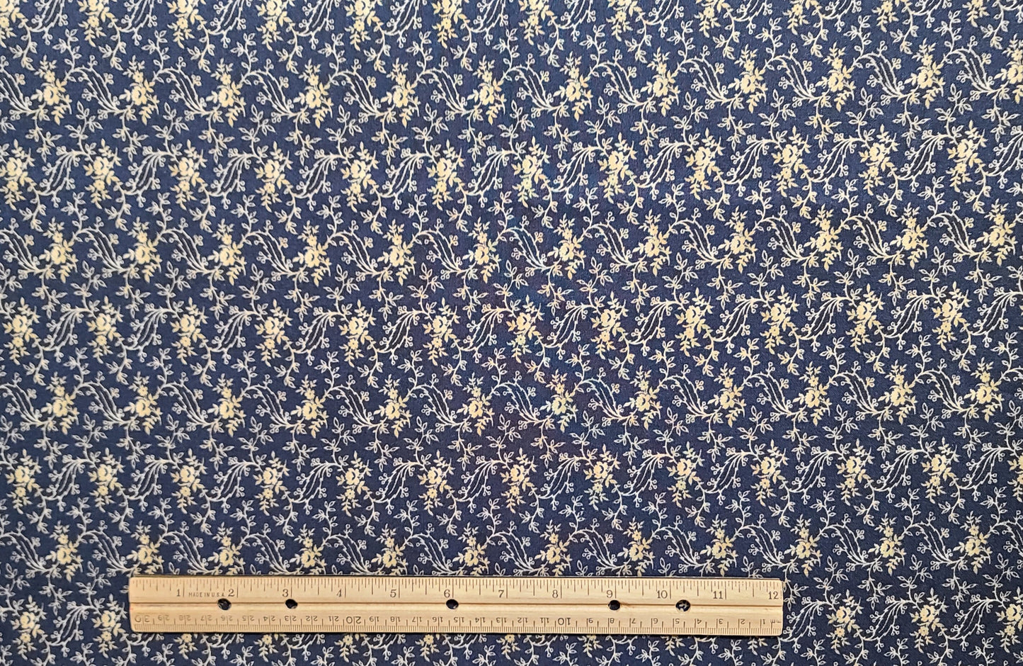 David Textiles Inc - Midnight Blue Fabric / Cream and Tan Flower Vine Print