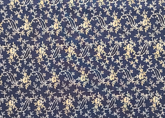 David Textiles Inc - Midnight Blue Fabric / Cream and Tan Flower Vine Print