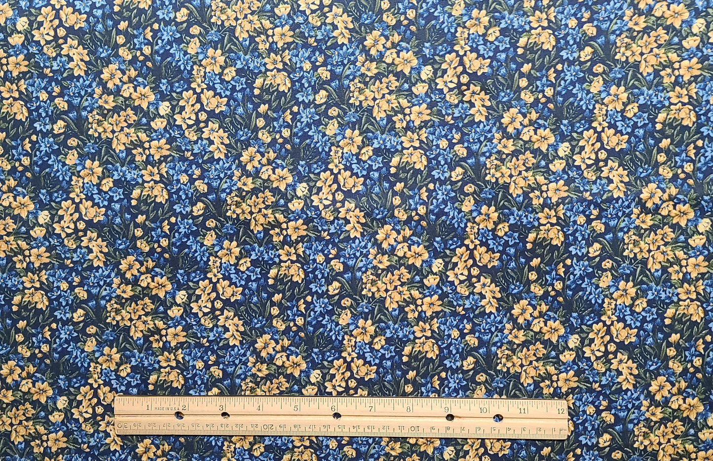 Midnight Blue Fabric / Gold, Light Blue, Olive Flower Print - Selvage to Selvage Print