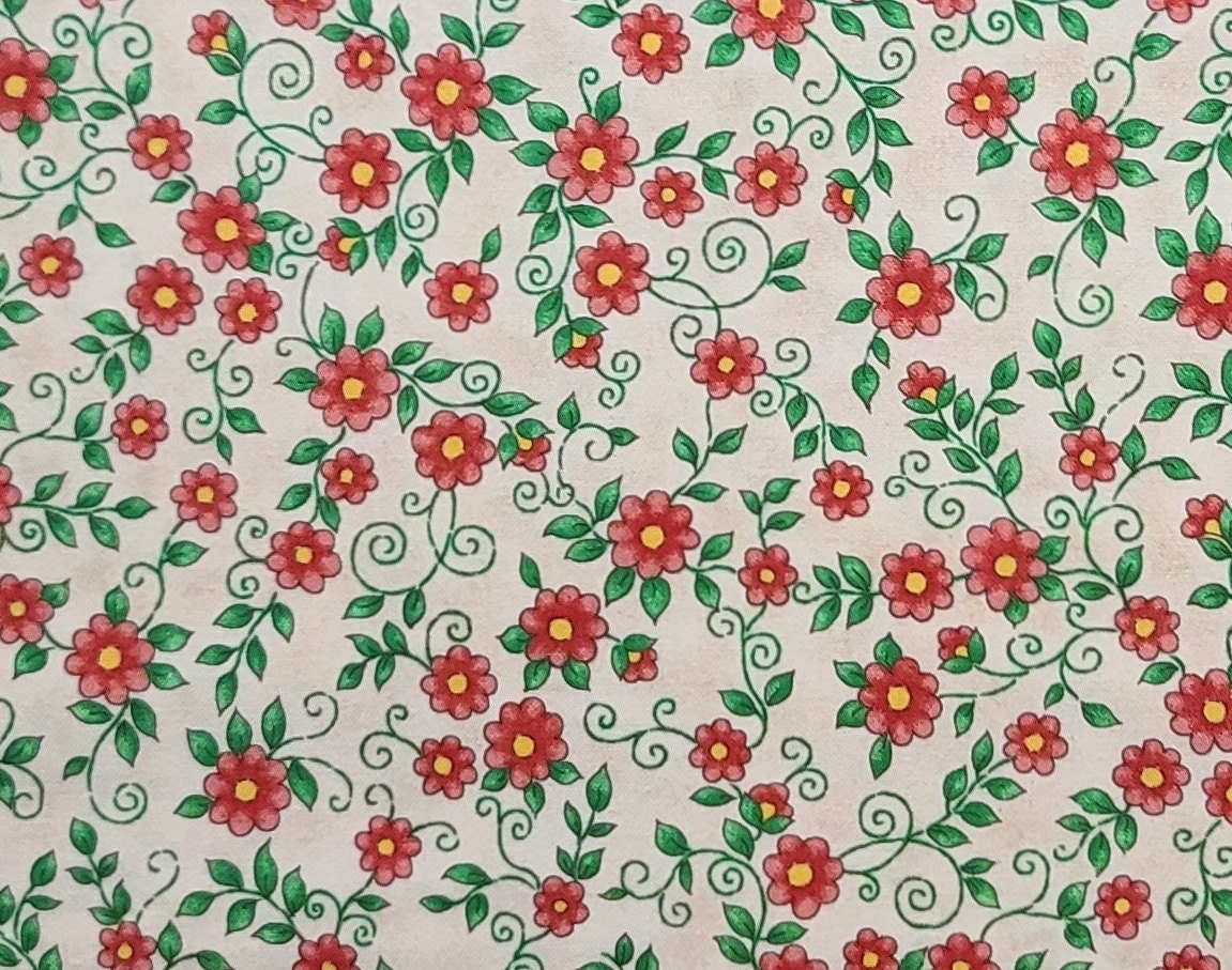 Nursery Rhymes #2596 Northcott - Oatmeal Colored Tonal Fabric / Red, Bright Pink, Yellow Flower / Green Leaf and Vine Print