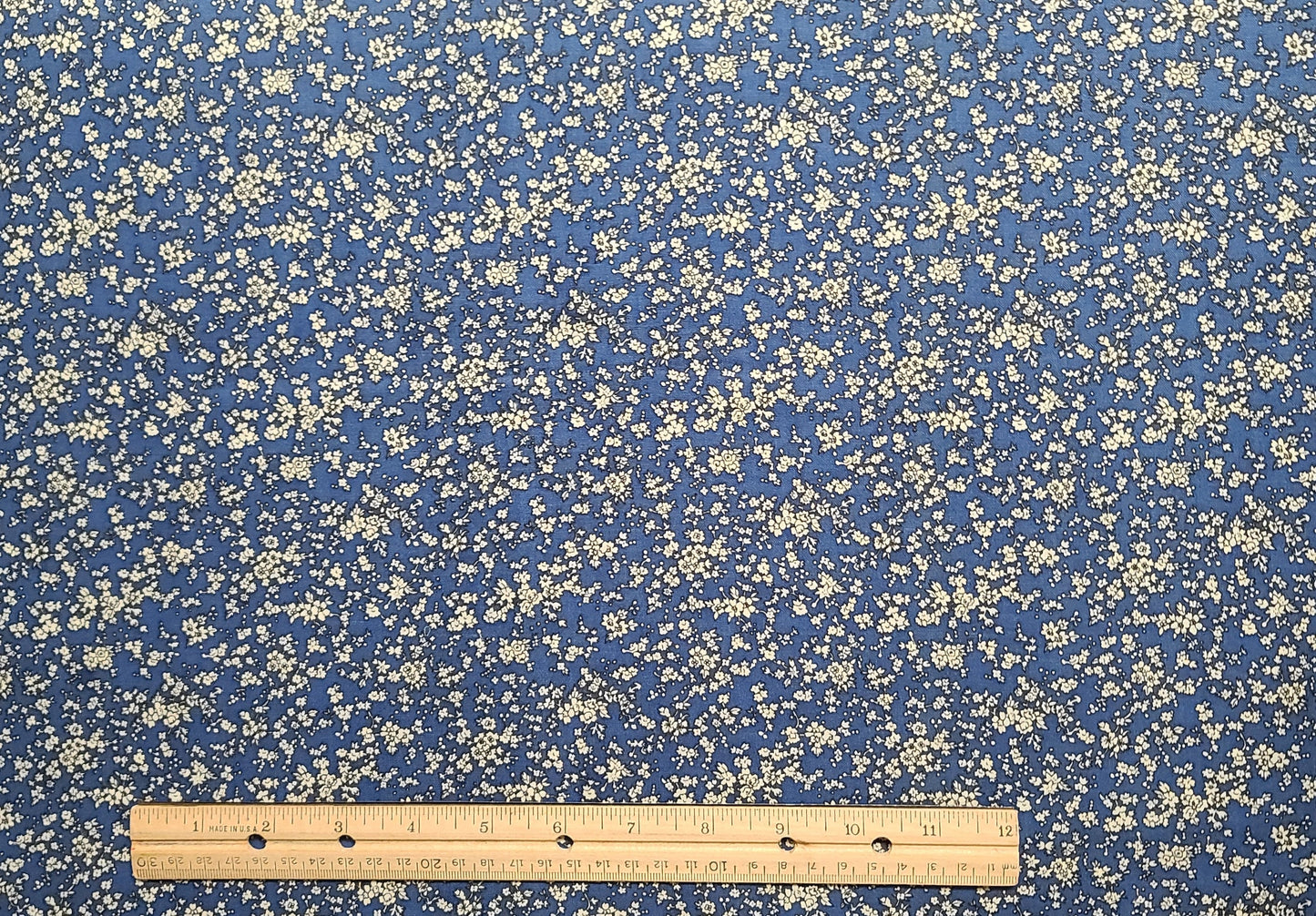 Blue Fabric / Cream Flower Print / Black Outline - Selvage to Selvage Print