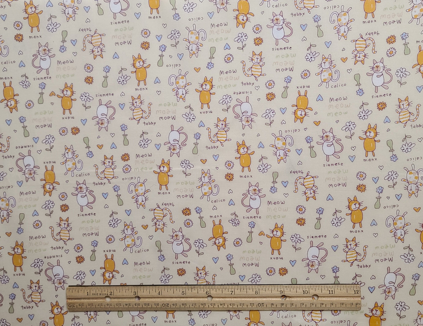 JoAnn Fabrics - Patt JAS25968 - Tan Fabric / Cartoon Style Cat and Flower Print