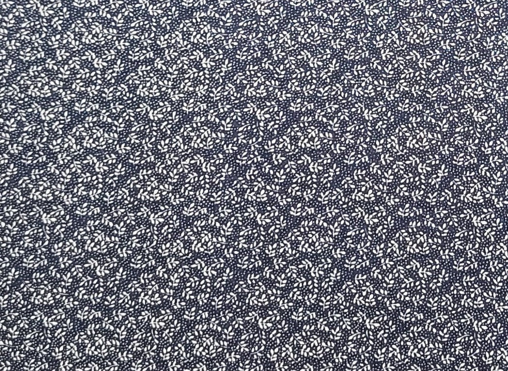 Dark Blue Fabric / White Micro Dot and Leaf Pattern - Selvage to Selvage Print