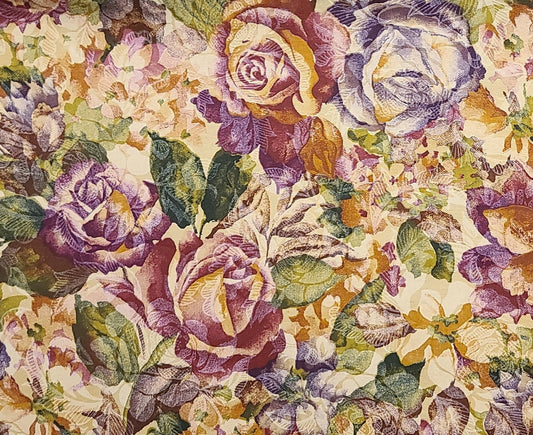 Classic Cottons 2002 - Tan Fabric / Oatmeal, Purple, Rust, Olive Flower Print