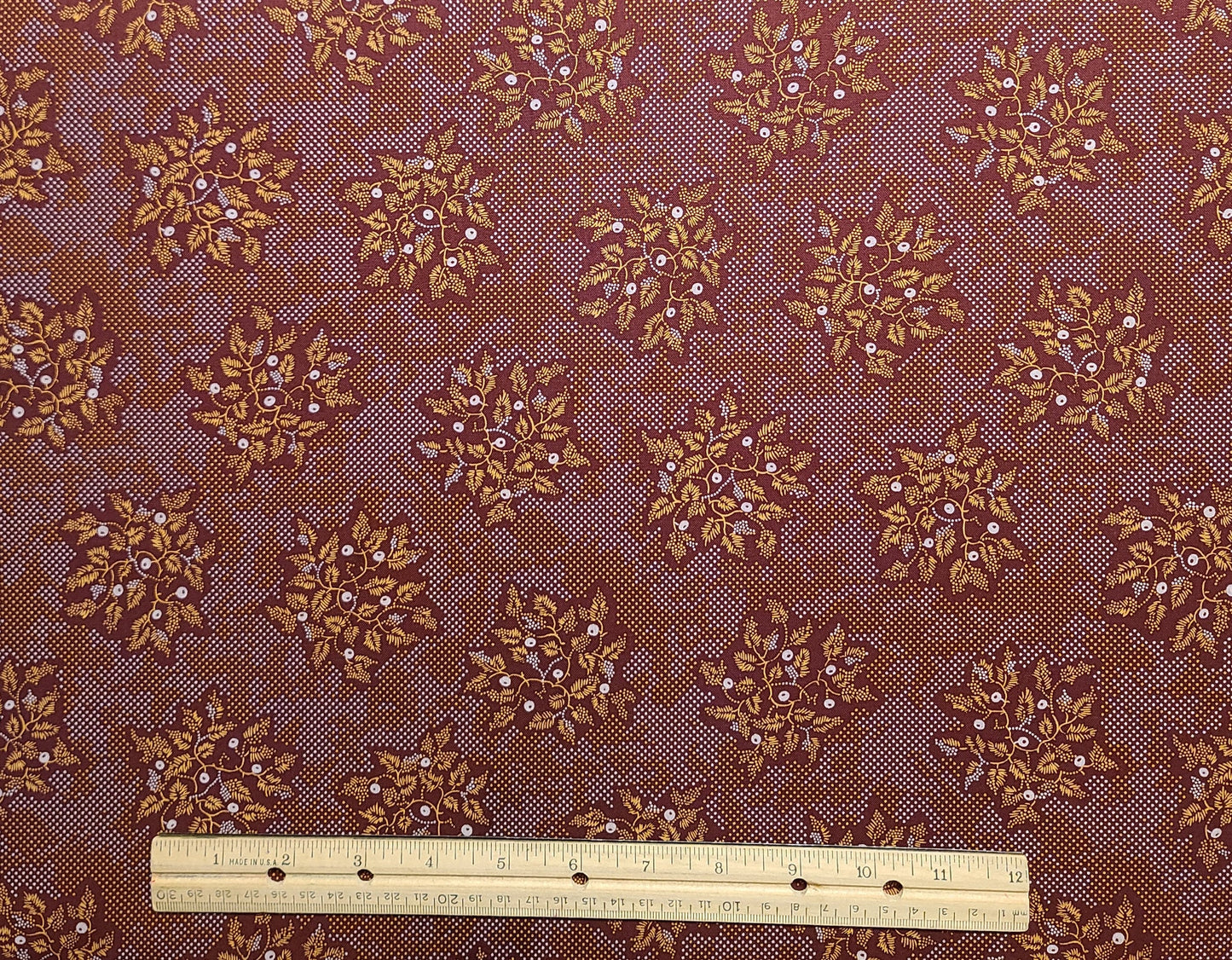 Virginia Quilt Museum for Quilting Treasures - Rust Fabric / Reproduction Style Gold and White Pin Dot / Flower Bouquet Print