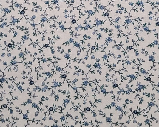 White Fabric / Slate Blue and Midnight Blue Flower Vine Print - Selvage to Selvage Print