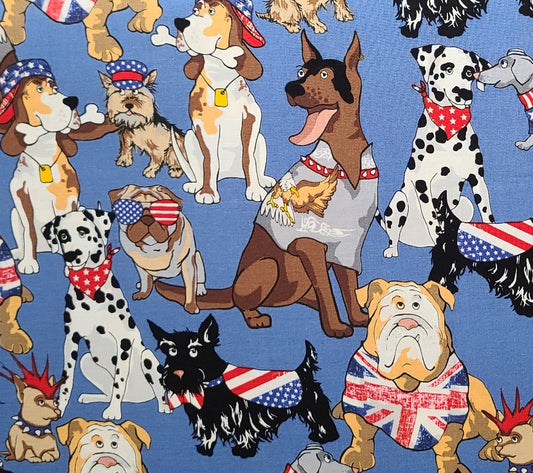 London Bridge Designed by Maria Kalinowski CANVAS Benartex Pattern #Pooch-C 5537 - Denim Blue Fabric / Cartoon-Stye Dogs Patriotic Coats