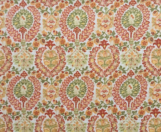 Original Bloomcraft Screenprint - White and Tan Brushstroke Print Fabric / Red, Dark Coral, Green, Gold Medallion