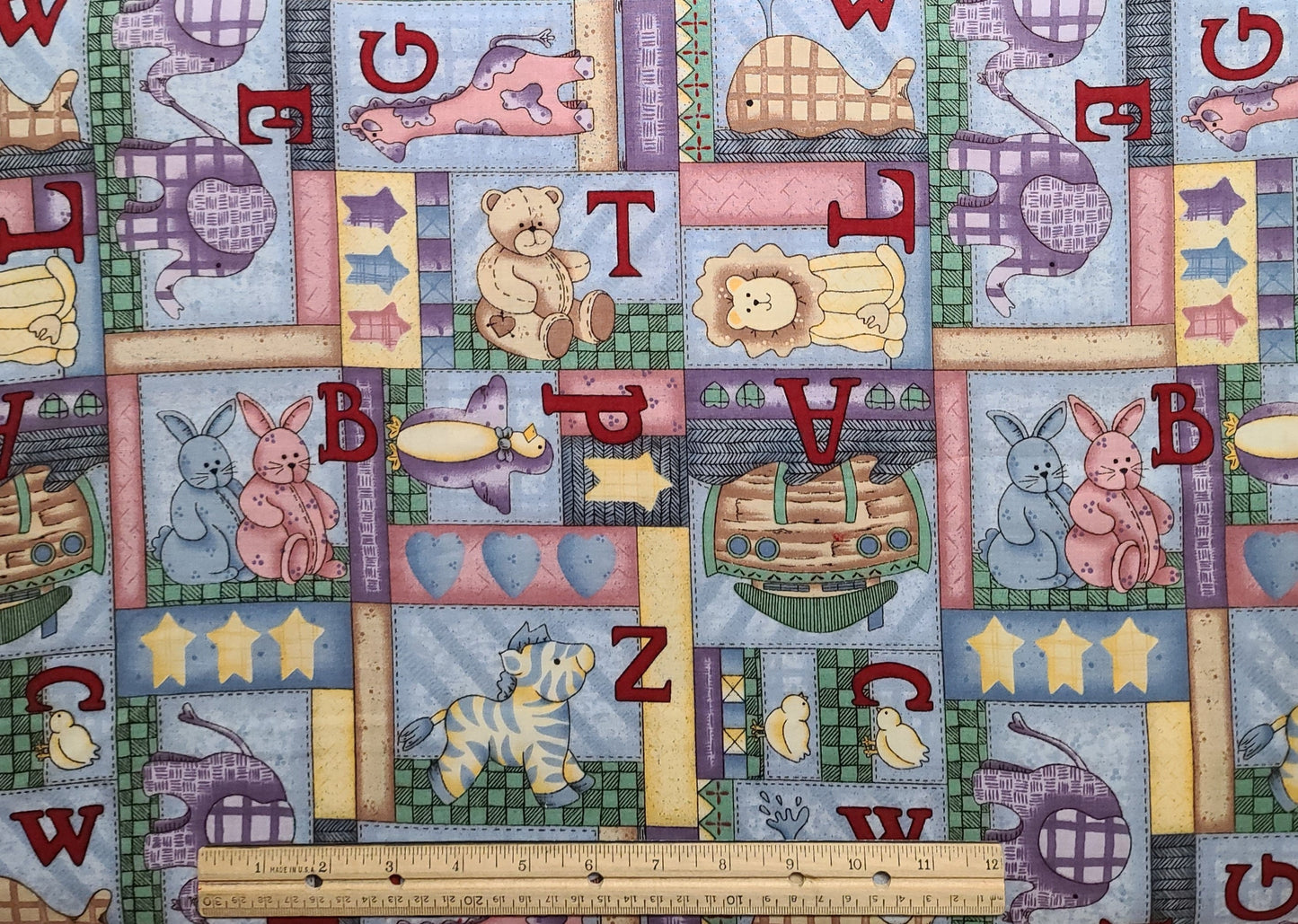 Leslie Beck for VIP by Cranston - Country Blue, Dusty Pink, Tan, Green, Light Purple Cheater Block Nursery Fabric / Dark Red Alphabet