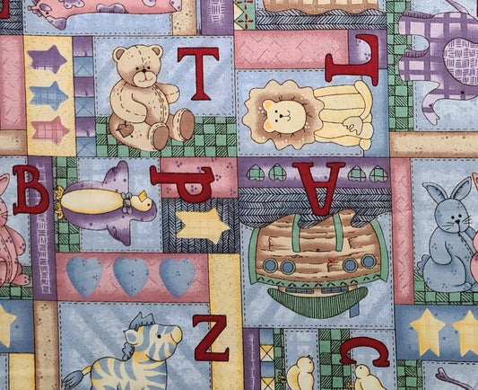 Leslie Beck for VIP by Cranston - Country Blue, Dusty Pink, Tan, Green, Light Purple Cheater Block Nursery Fabric / Dark Red Alphabet