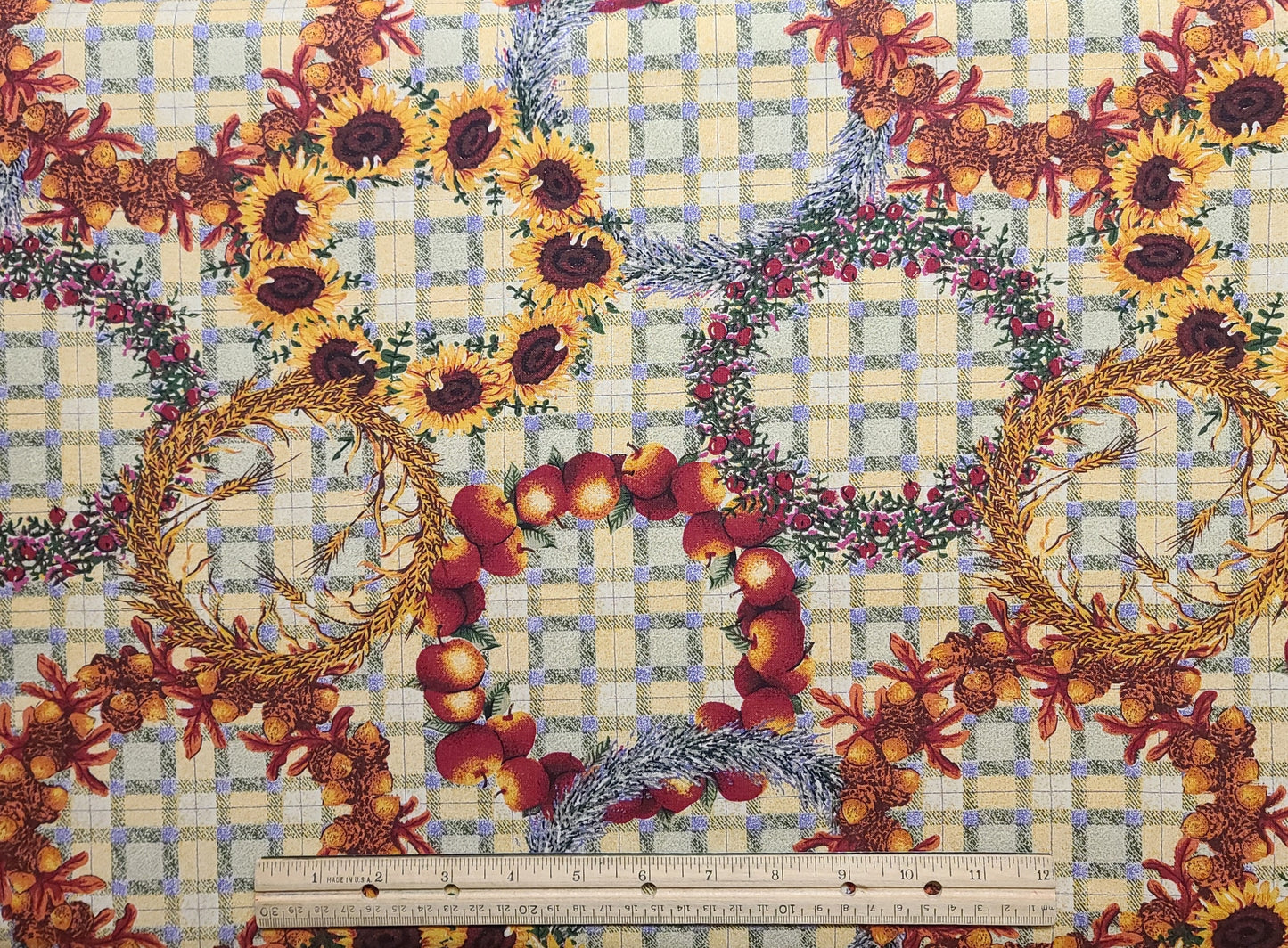 60" WIDE Yellow and Green Plaid Fabric / Autumn Wreath Print / Acorns, Sunflower, Apple, Cranberry, Wheat, Maple Leaf, Lavender