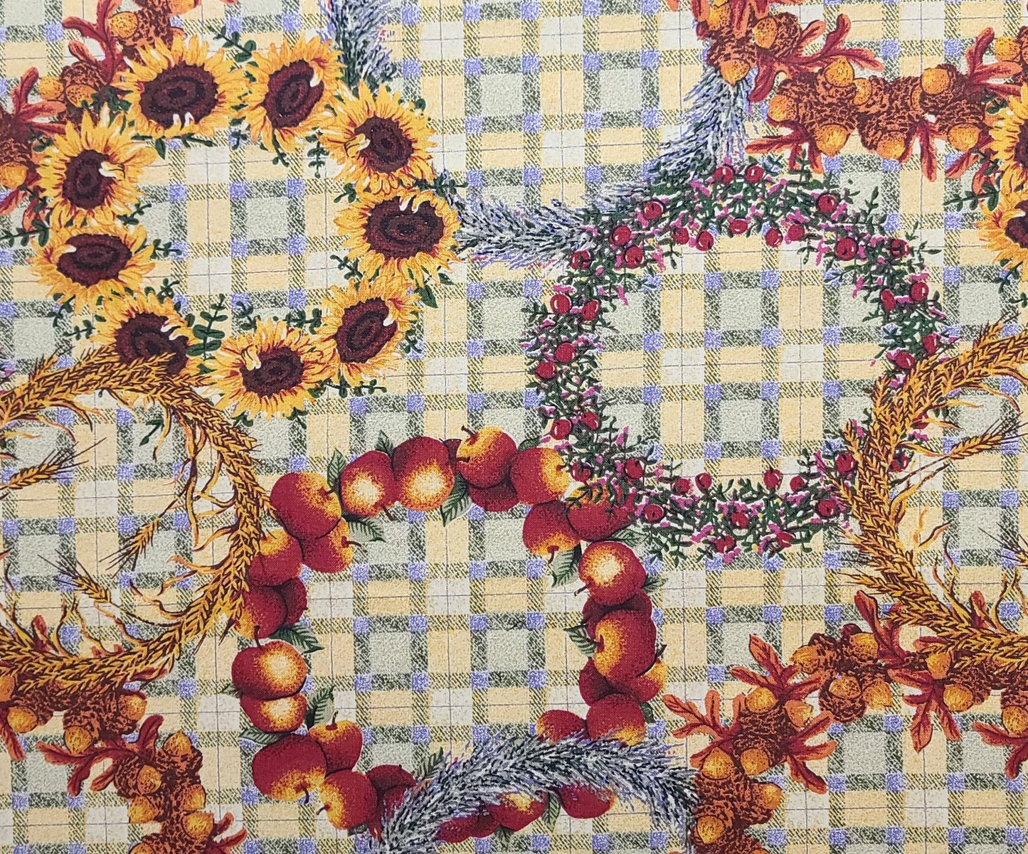 60" WIDE Yellow and Green Plaid Fabric / Autumn Wreath Print / Acorns, Sunflower, Apple, Cranberry, Wheat, Maple Leaf, Lavender