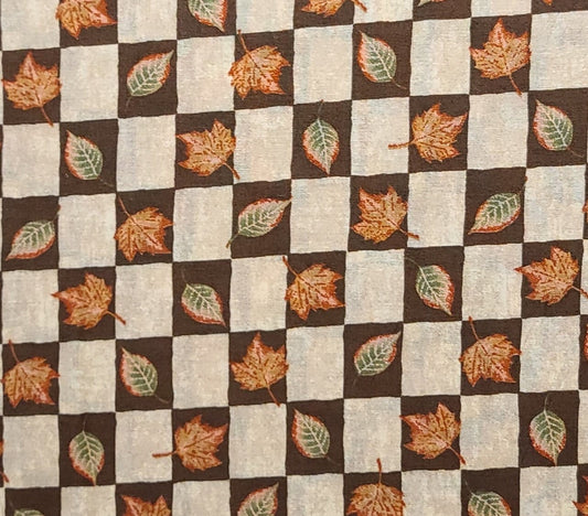 Signature Classics by Oakhurst Textiles Leaf Blocks - Brown and Tan Block Pattern Fabric / Green, Orange, Tan Leaf Print