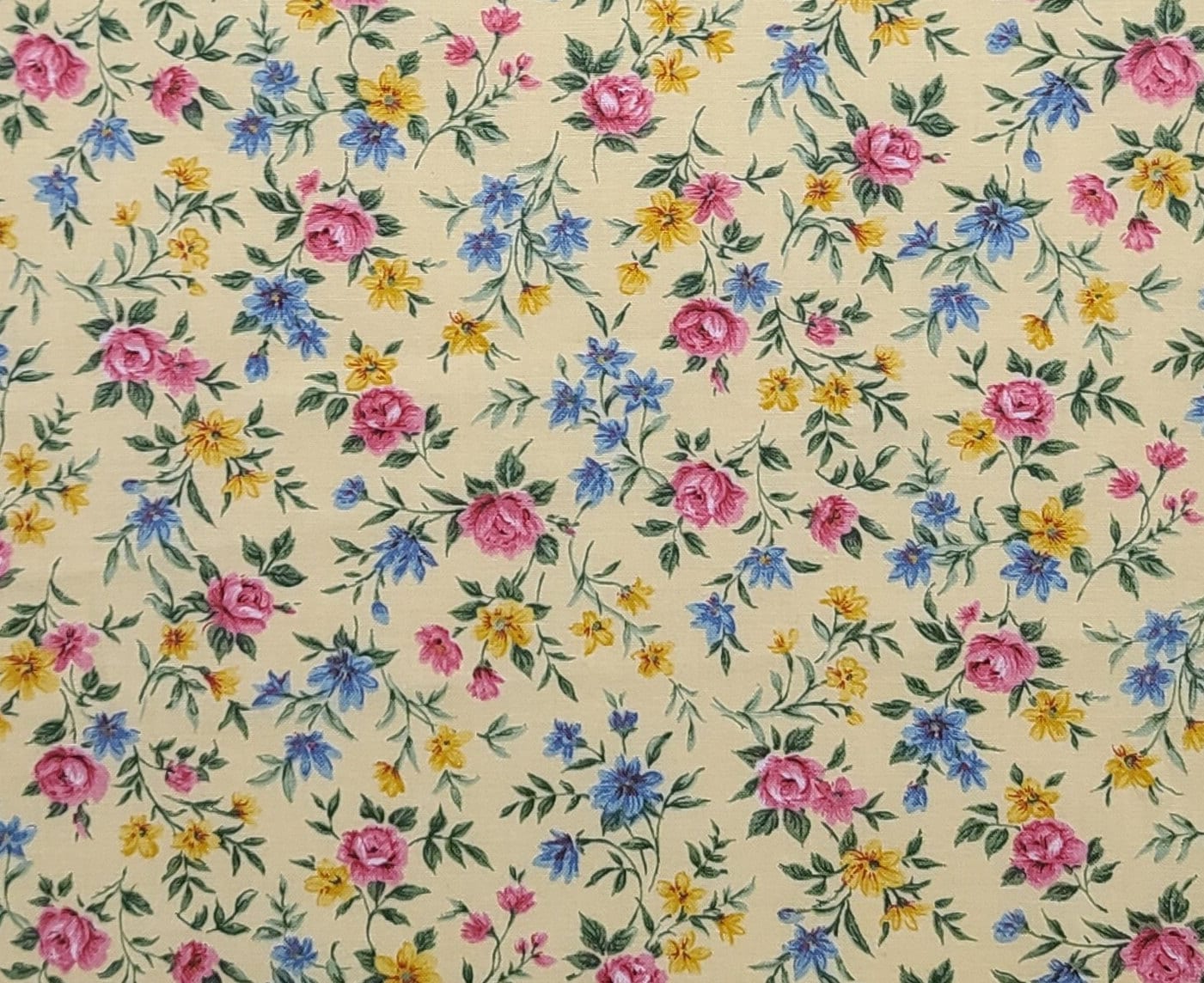 1997 Classic Cotton - Soft Yellow Fabric / Pink, Blue, Yellow, Green Scattered Flower Print