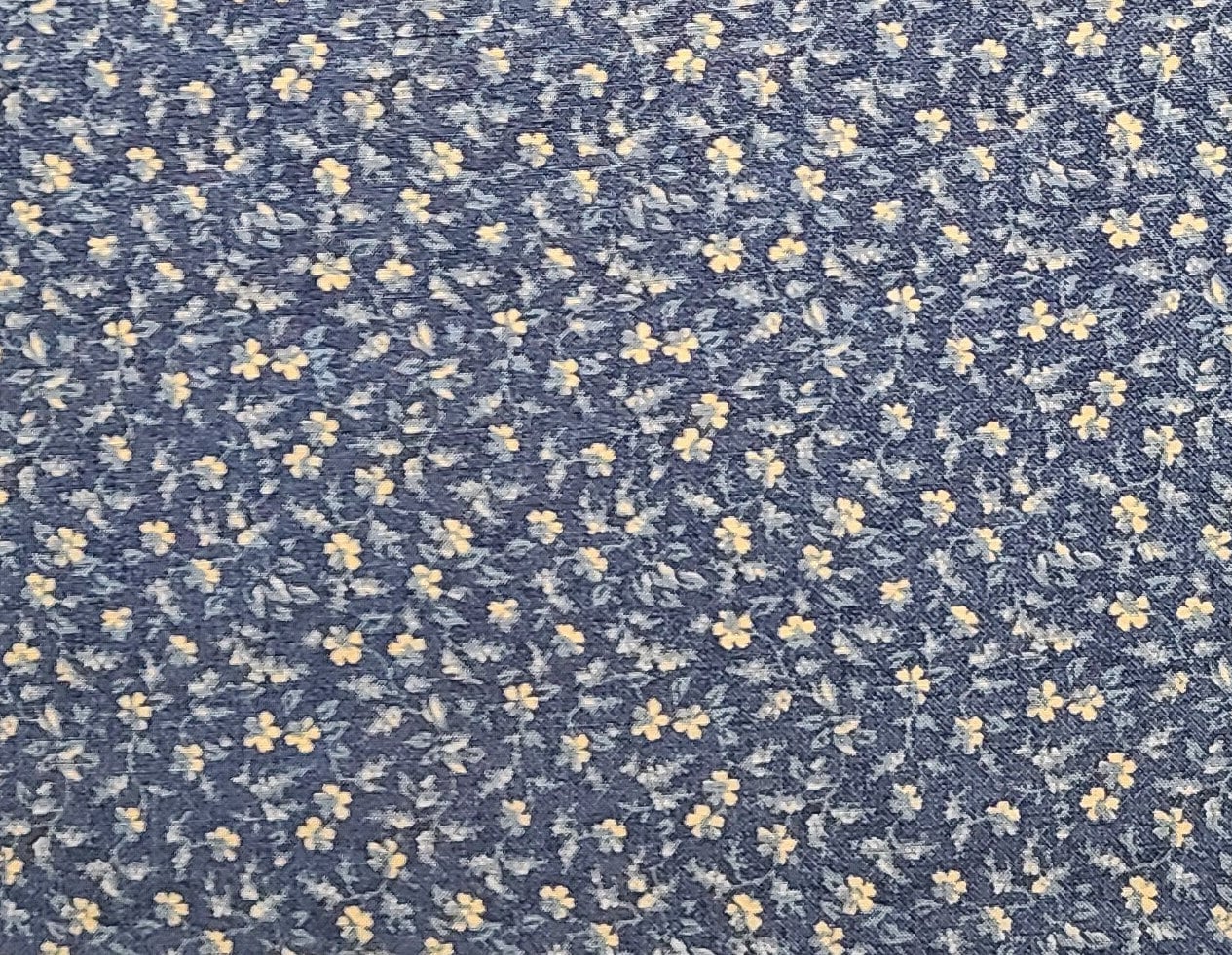 David Textiles Inc - Lightweight Dark Blue Fabric / Light Tan, Pale Blue Flower Vine Print