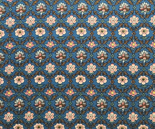 EOB - Windham Fabrics - Dark Cadet Blue Fabric / Peach, Pink Tonal Reproduction-Style Flower Print / Leaf Wreath