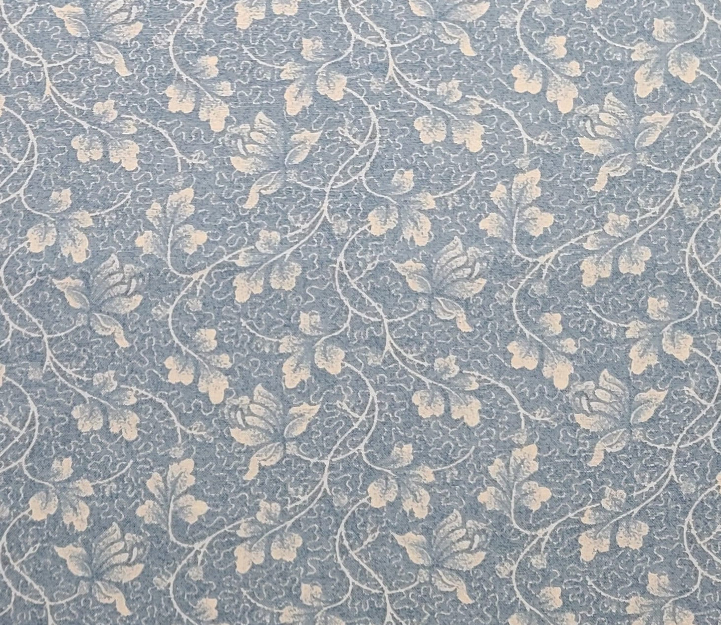 Light Denim Blue Fabric with Light Stipple Print / White Silhouette Leaf, Vine and Flower Print