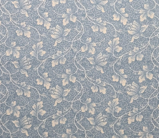 Light Denim Blue Fabric with Light Stipple Print / White Silhouette Leaf, Vine and Flower Print