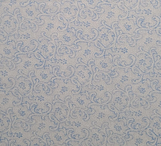 White Fabric / Pale Blue Dot Scroll and Flower Print - Selvage to Selvage Print