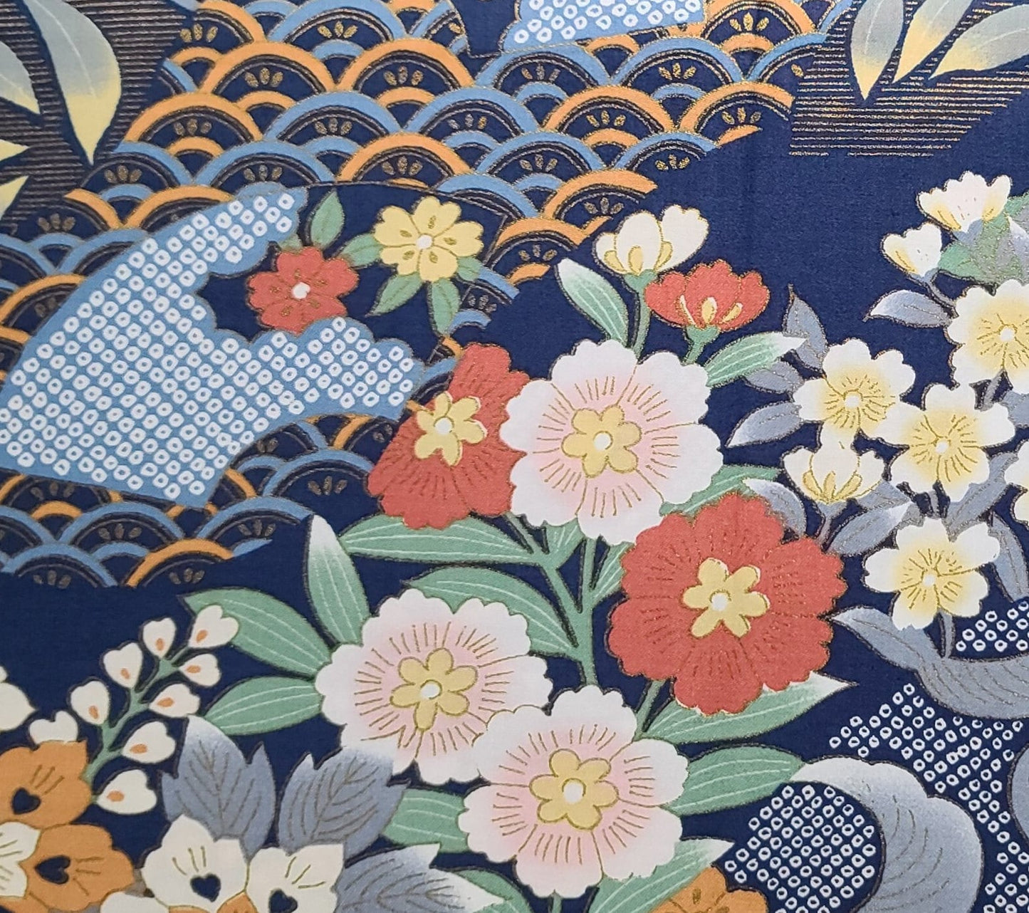 Dark Blue Fabric / Asian-Style Flower and Geometric Print / Pale Blue/Gray, Cream, Coral, Pink / Bronze Metallic Accents