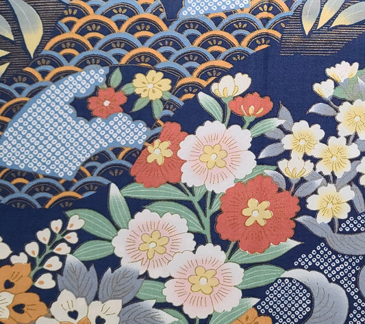 Dark Blue Fabric / Asian-Style Flower and Geometric Print / Pale Blue/Gray, Cream, Coral, Pink / Bronze Metallic Accents