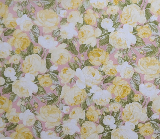 Heaven Can Wait #2641 by Ro Gregg Northcott - Pink Fabric / Yellow Rose Print