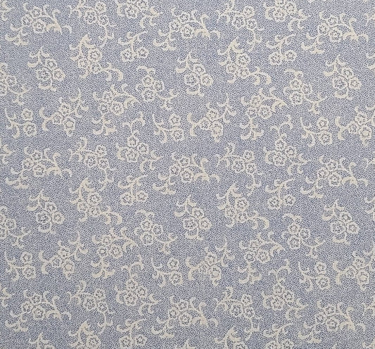 Blue Fabric / Allover White Pin Dot and White Flower Scroll Print - Selvage to Selvage Print