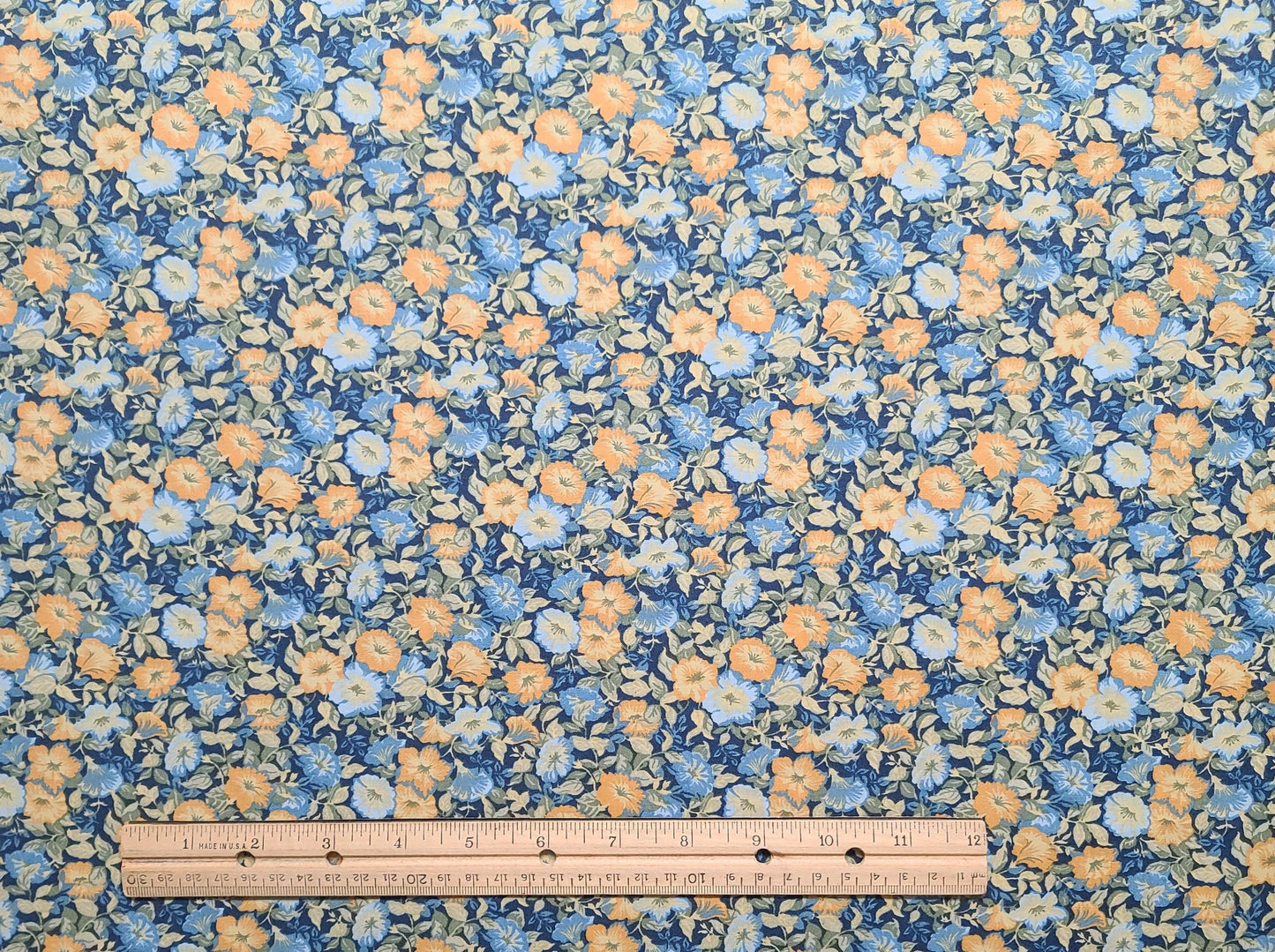 Peter Pan Fabrics - Dark Blue Fabric / Orange, Yellow, Medium and Light Blue Floral Print