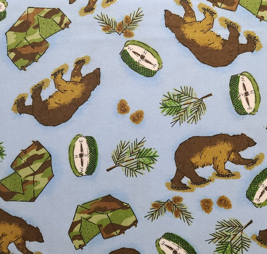 FLANNEL - Light Blue Tonal Fabric / Brown Bear, Compass, Tent Print / Brown, Green, White