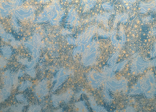 Springs Industries Inc by Ro Gregg - Teal, Pale Teal Tonal Fabric / Gold Metallic Tree, Star and Angel Print