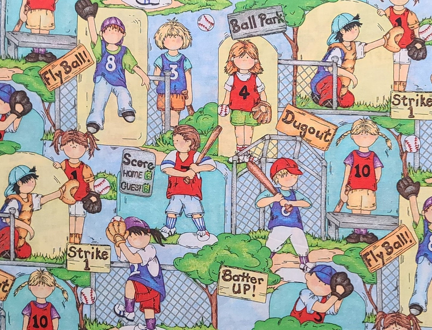 CP40314 Batter Up Leslie Beck for Springs Creative Products Group - Cartoon-Style Kids Baseball Print Fabric