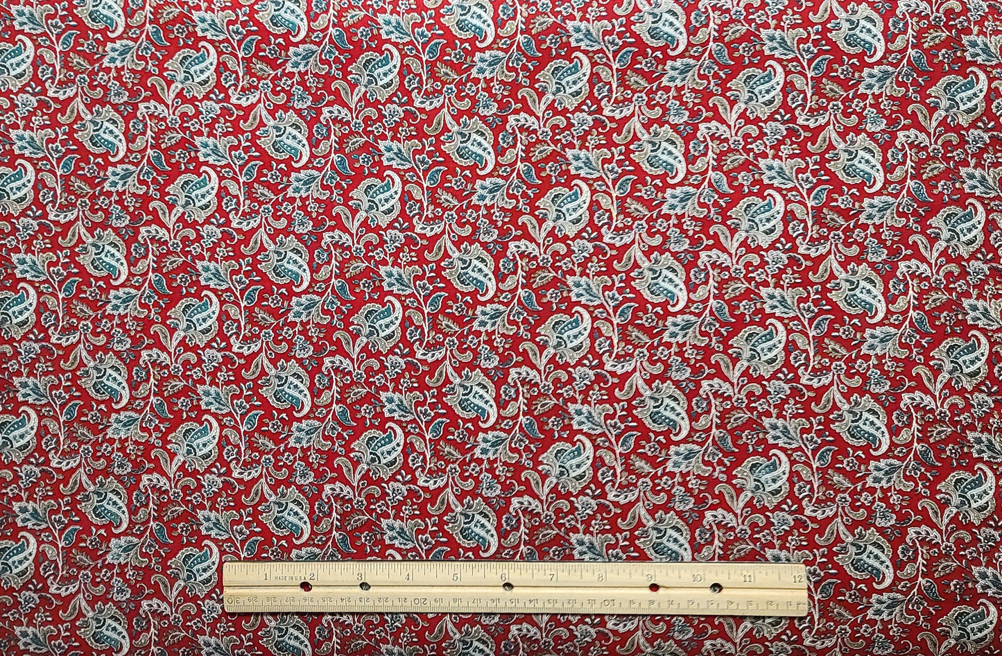 Red Fabric / Dark Green, Tan, White Paisley Vine Print - Selvage to Selvage Print