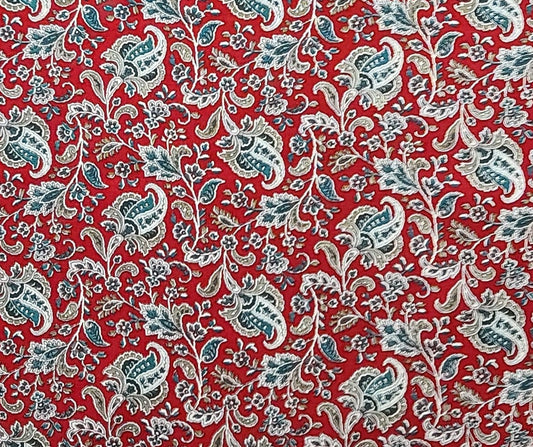 Red Fabric / Dark Green, Tan, White Paisley Vine Print - Selvage to Selvage Print