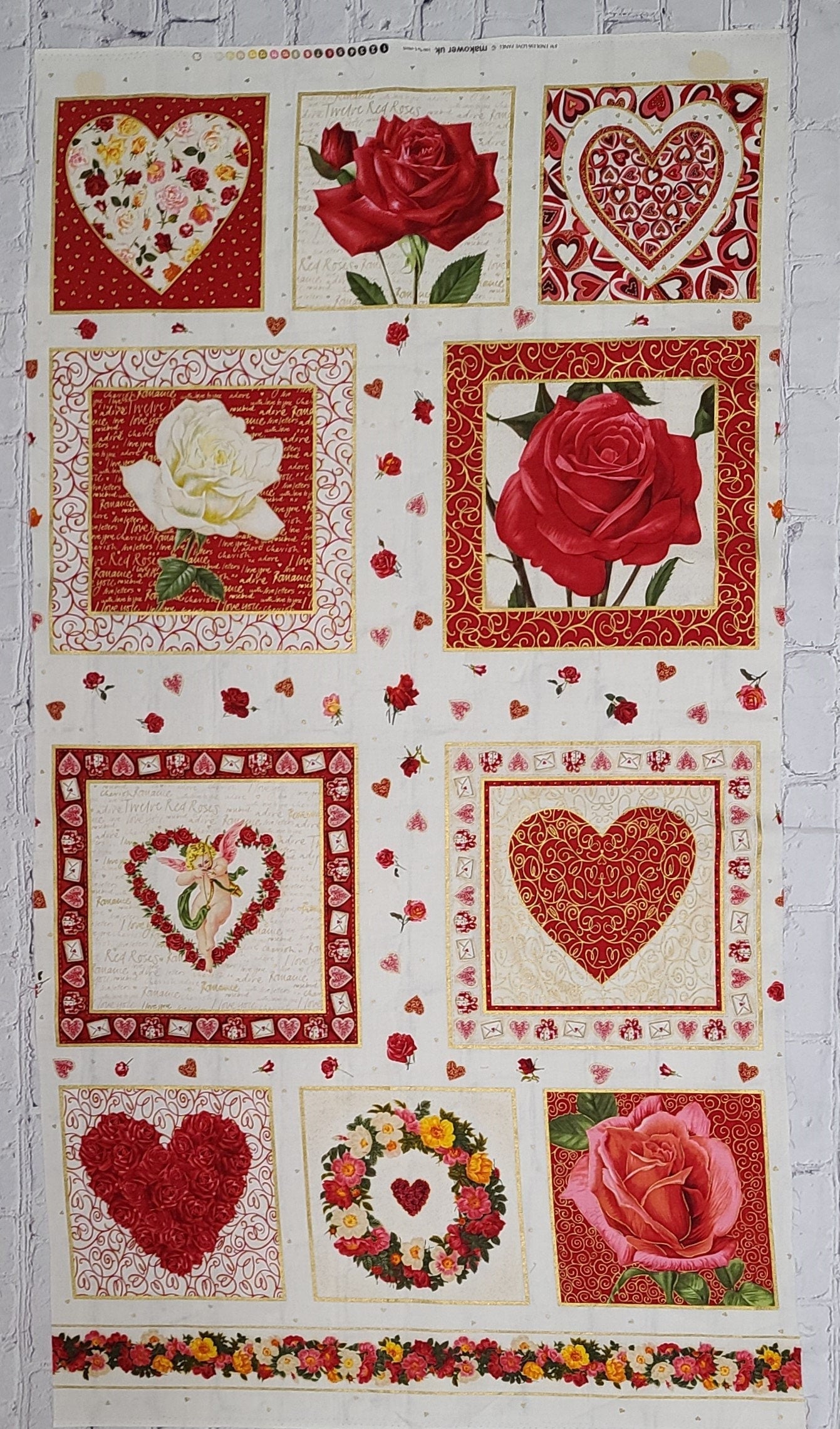 PANEL - 830 Endless Love Panel Makower UK - White Fabric / Red and Pink Rose and Heart Blocks / Gold Metallic Accents - 24" x 45"