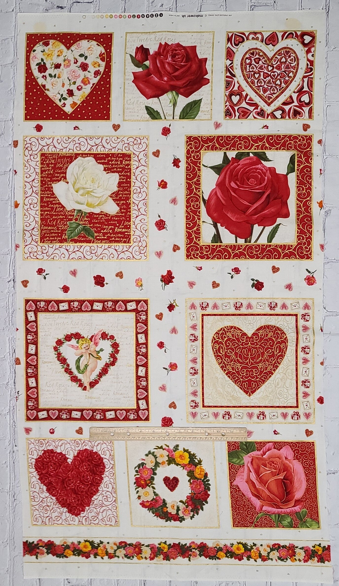 PANEL - 830 Endless Love Panel Makower UK - White Fabric / Red and Pink Rose and Heart Blocks / Gold Metallic Accents - 24" x 45"