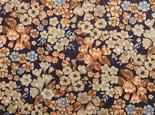 Manes Fabric Company - Vintage Blend Fabric - Dark Brown Fabric / Tan, Rust, Light Blue Flower Print