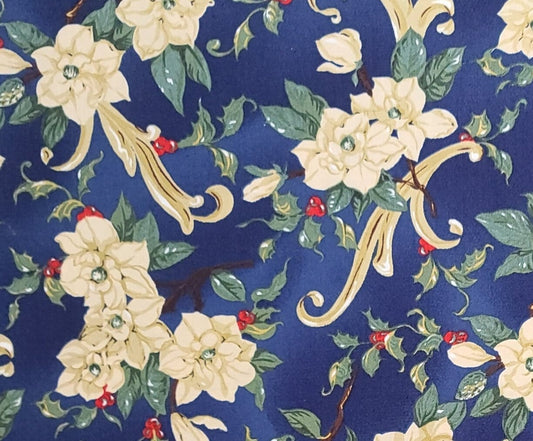 Beth Ann Bruske for David Textiles Inc - Navy Blue Tonal Fabric / White Poinsettia / Holly and Berry Print