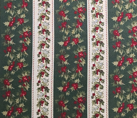 A Season in Time by RJR Fashion Fabrics - Pine Green Tonal, White with Gold "Lace" Speckling, Dark Red Holly Berry, Holly Vine Border Stripe Fabric