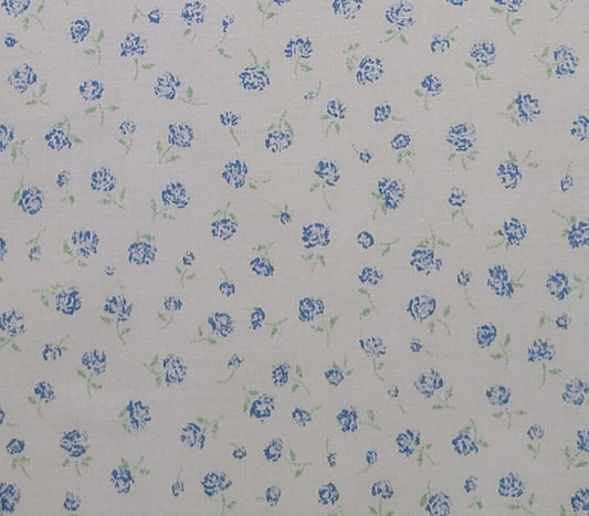 White Fabric / Blue Flower and Soft Green Leaf Print - Selvage to Selvage Print