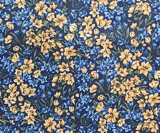 Midnight Blue Fabric / Gold, Light Blue, Olive Flower Print - Selvage to Selvage Print