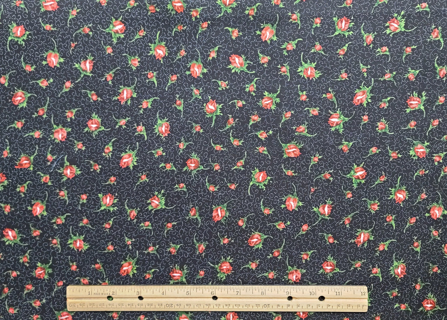 JoAnn Fabrics - Black Fabric / Grey Pin Dot Background / Pink, Red, Dark Green Leaf Print